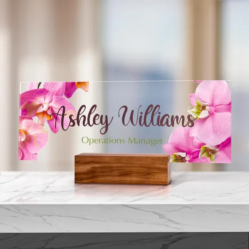 Vista 77 de Placa de identificación personalizada para escritorio, decoración de oficina de acrílico transparente con diseño de flores, decoraciones