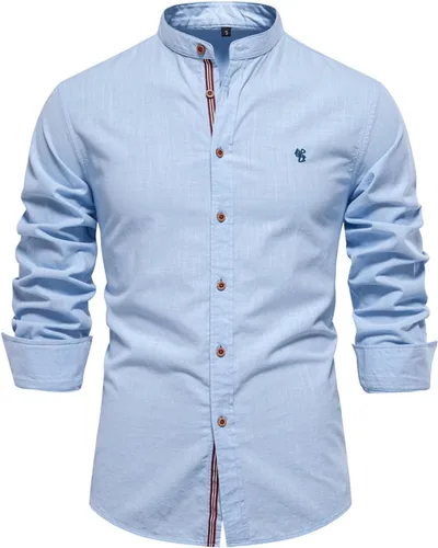 Vista 7 de Generic Men's Medium Blue Cotton Casual Button Down Long Sleeve Shirt