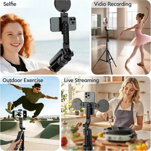 Vista 15 de Trípode de seguimiento facial automático de 71 pulgadas para iPhone con luz, kit de vlogging para iPhone con gesto/control remoto, rotación de 360°