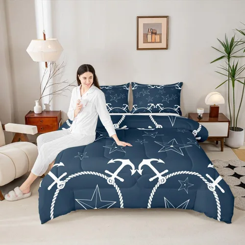 Vista 13 de Juego de edredón Lake Home Camper tamaño King, juego de ropa de cama náutica con ancla para niños, niñas, niños, adultos, decoración de dormitorio