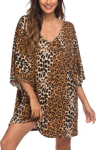 Vista 2 de Ekouaer Camisón de dormir con cuello en V profundo para mujer, camisón de murciélago de gran tamaño, tallas S-4XL