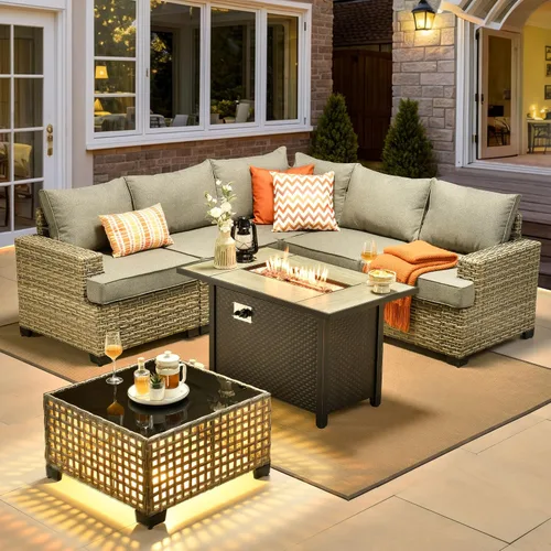 Vista 42 de HOOOWOOO Juego de muebles seccionales de patio con mesa de luz solar, 6 piezas de mimbre para exteriores, sofá en forma de L, juego de conversación