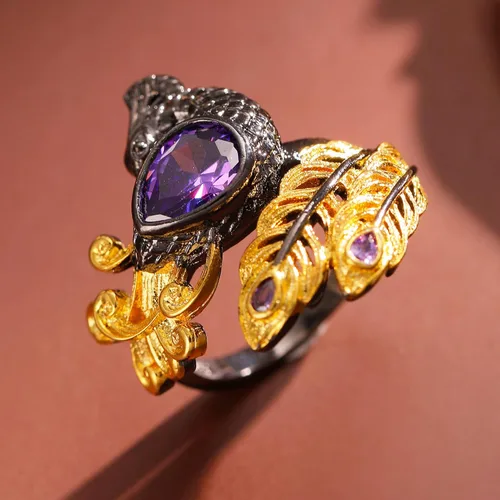 Vista 4 de Gothic Golden Feather Amethyst Rings - Black Peacock Rhinestone Copper Rings