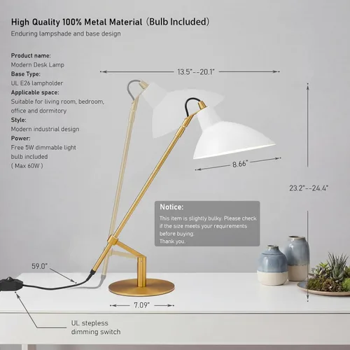 Vista 2 de Desk Lamp Modern Industrial 100% Metal Adjustable Table Lamp 24", Natural Light (4000K) with Dimmer, Ideal for Office Bedroom Study Room Living Room