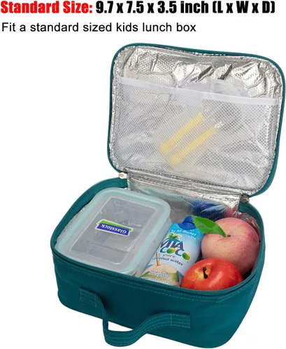Vista 6 de Lonchera térmica para niños o niñas, color azul y verde Ligero, tamaño estándar: 9.7 x 7.5 x 3.5 pulgadas, poliéster de 900 denier