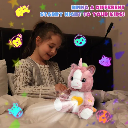 Vista 6 de Proyector de estrellas de unicornio rosa sucio de felpa, luz nocturna musical, ajustable, animales de peluche, juguetes de peluche brillantes