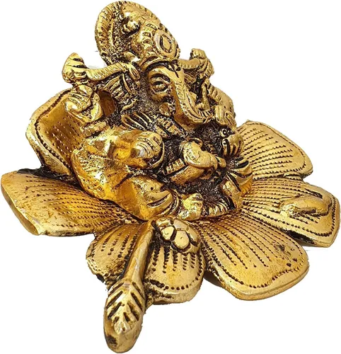 Vista 3 de Ganesha en la hoja hecha de metal – Estatua de ídolo de Ganesh figura tradicional para la oficina en casa, templo Puja, decoración Diwali regalo