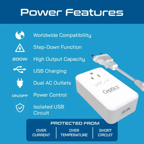 Vista 6 de Ceptics Convertidor de voltaje reductor de 200 W – Convertidor de voltaje de 220 V a 110 V para rizador, alisador, cargador – Carga rápida USB-A y C