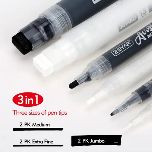 Vista 2 de ZEYAR Rotuladores de pintura acrílica, 3 tamaños de punta diferentes: extra fino (0.028 in), bala mediana (0.098 in), punta de fieltro jumbo