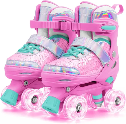 Vista 9 de Nattork Patines de ruedas para niños y niñas, 4 tamaños ajustables, patines cuádruples con lentejuelas y todas las ruedas iluminadas para niños