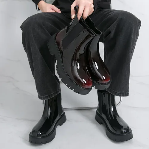 Vista 2 de Botas Chelsea con plataforma gruesa de charol para hombre, puntera redonda, suela de lengüeta, para negocios, para uso diario, al aire libre