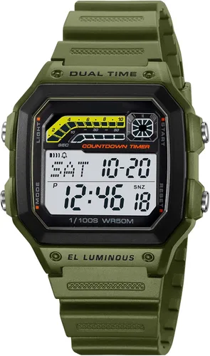 Vista 12 de PASOY Reloj de pulsera digital multifunción para hombre, con hora doble, alarma, cronómetro, cuenta regresiva, retroiluminación, resistente al agua