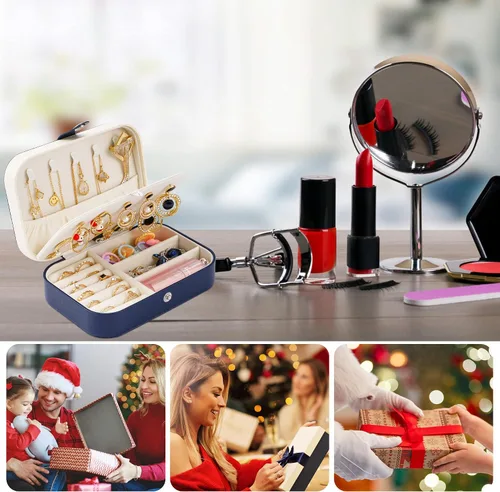 Vista 7 de Joyero de viaje, organizador de joyas pequeño de piel sintética para mujeres y niñas, mini estuche de viaje portátil de doble capa, cajas