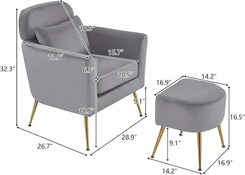 Vista 3 de Elegante silla de sala de estar medio desmontada con reposapiés - Silla de dormitorio con otomana (gris oscuro)