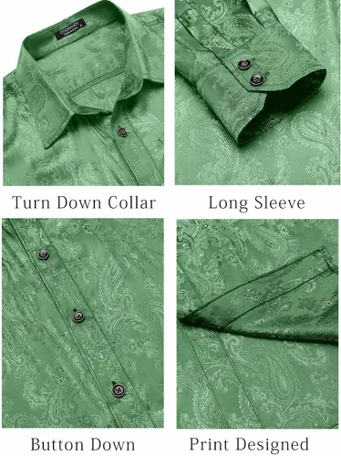 Vista 5 de COOFANDY Camisa de vestir de satén de seda para hombre, camisa de manga larga con estampado floral, camisas de cachemira con botones para bodas