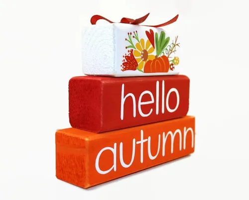 Vista 2 de Pumpkin Hello Autumn WoodenBlock Shelf Sitter Stack Tiered Tray Office Mantel Sign Décor Fall Red Orange
