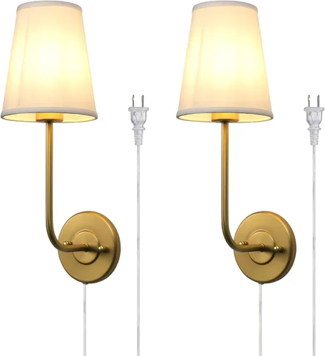 Vista 10 de Pathson Plug in Wall Sconce, Rustic Wall Light Fixture with On/Off Switch and Pure White Fabric Lampshade, Antique Brass Wall Lamp for Living Room