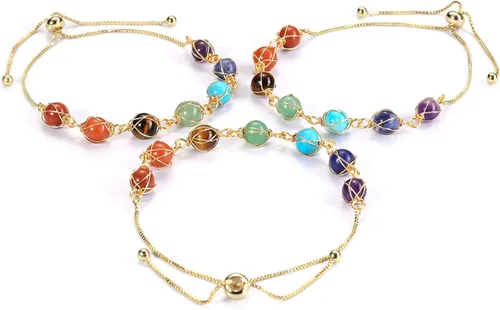 Vista 4 de Jovivi 7 Chakra Stones Bracelets for Women Girls Adjustable 14K Gold Wire Wrapped 8mm Natural Round Gemstone Beads Reiki Healing Crystal Ankle