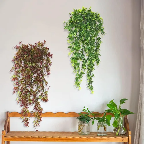 Vista 5 de Vid colgante artificial, juego de 2 plantas colgantes artificiales, plantas colgantes falsas para colgar en la pared, hojas de vid para decoración