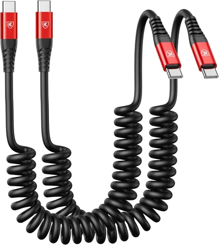 Vista 12 de Cable USB C a C de 3 pies, paquete de 2 cables de carga USB C en espiral para automóvil tipo C, cable de carga rápida para iPhone