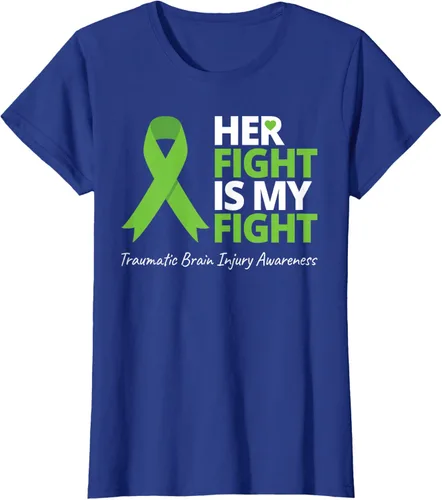 Vista 6 de Camiseta con cinta verde de la conciencia de la TBI, con texto en inglés "Her Fight Is My Fight" Jaspeado Oscuro