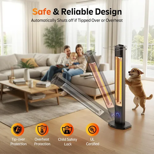Vista 5 de Calentador eléctrico para patio al aire libre, calentador de torre infrarrojo de 42 pulgadas de 1500 W con 9 ajustes de calor y temporizador de 9