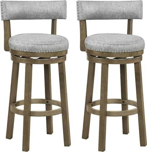 Vista 12 de COSTWAY Taburete de bar giratorio de 27 pulgadas, con respaldo acolchado y patas de madera de goma, silla de desayuno para isla de cocina