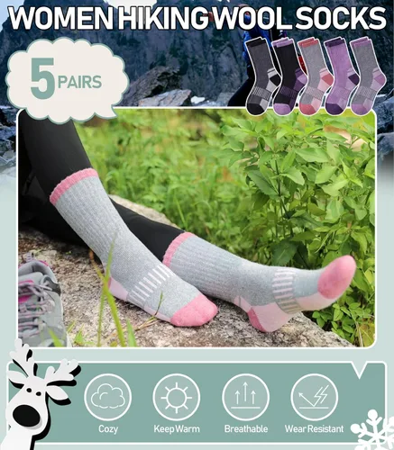 Vista 3 de Yebing Merino Wool Hiking Socks for Womens Thermal Warm Winter Boot Crew Cushion Cozy Thick Work Gift Socks 5 Pairs
