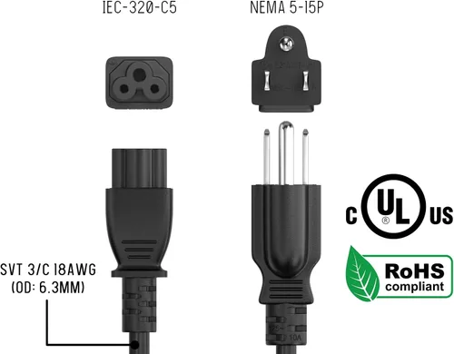 Vista 6 de 1 pie 18 AWG 3 clavijas NEMA 5-15P a IEC C5 Cloverleaf cable