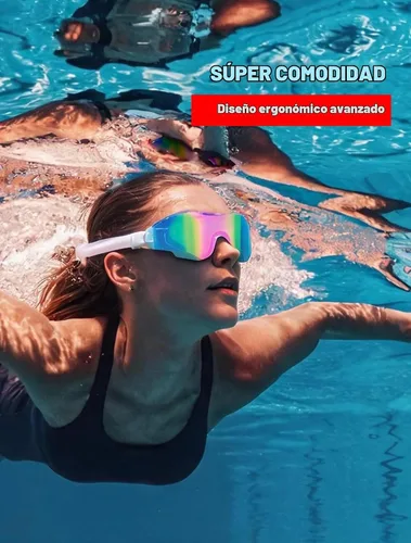 Vista 7 de Gafas de natación profesionales con revestimiento de espejo arcoíris, antiniebla, protección UV, correa ajustable, color blanco, negro Blanco Rosa