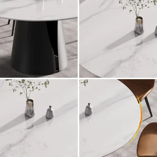Vista 4 de Mesa de comedor moderna de 59.05 pulgadas para 8, mesa de comedor con piedra sinterizada blanca y base de acero al carbono negro, mesa de cocina