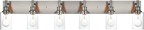 Vista 9 de 6 luces de tocador de baño, níquel cepillado, accesorios de iluminación de baño sobre espejo con vidrio transparente, aplique de pared industrial