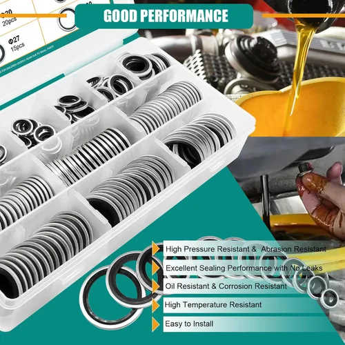 Vista 5 de 265 piezas NBR Arandelas de sellado unidas de metal, acero chapado en zinc métrico autocentrado Dowty Seal Junta de sellado aplastante Kit surtido