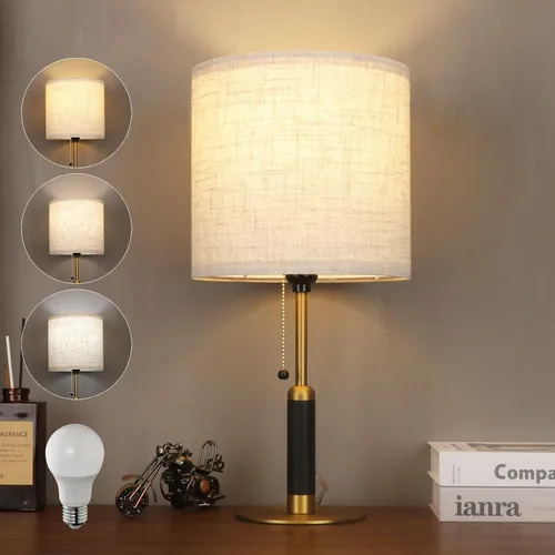 Vista 10 de 18.9" Modern Mid Century Table Lamp Pull Chain Bedside Lamps for Nightstand Lamp for Bedroom Living Room 3-Color Light Solid Wood/Metal/Fabric for