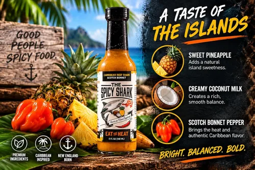 Vista 7 de The Spicy Shark Caribbean Reef Shark Scotch Bonnet Pepper Island Hot Sauce Botella de 5 onzas – Marca presentada en Hot Ones