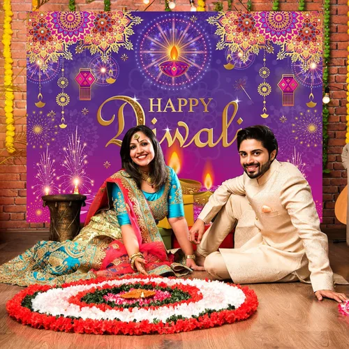Vista 6 de Mocsicka Happy Diwali - Telón de fondo indio Deepavali Diwali Festival de luz, decoración de fiesta, linterna Rangoli, fotografía, pancarta