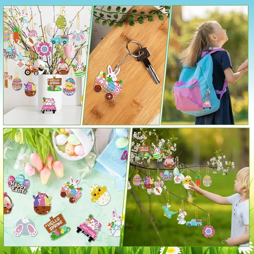 Vista 7 de Panelee 48 piezas de llavero de arte de diamante de Pascua, kits de arte de diamantes para colgar huevos de Pascua, adornos para niños