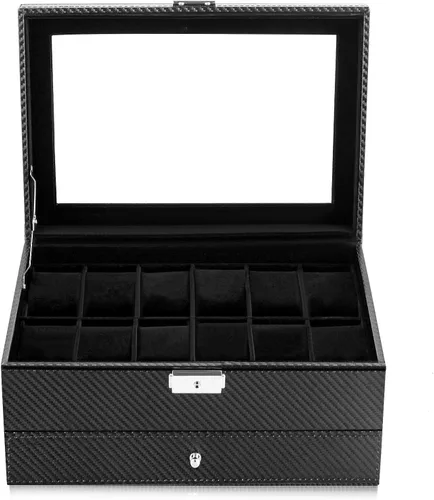 Vista 7 de Oyydecor Caja de reloj con 12 ranuras, organizador de relojes, organizador de joyas con cajón de joyería para almacenamiento y exhibición