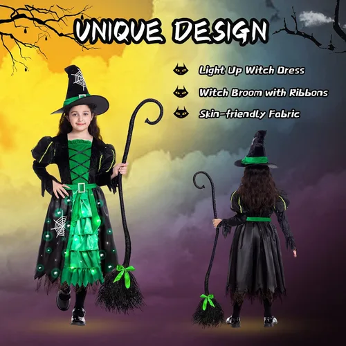 Vista 5 de Witch Halloween Costumes for Girls Toddler Light Up Witch Dress with Witch Broom and Hat for Halloween Kids Cosplay Party
