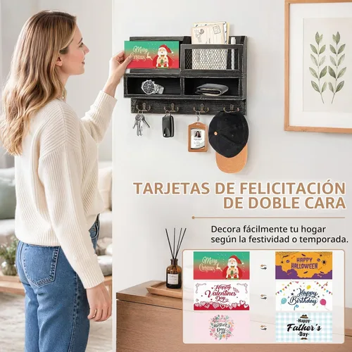 Vista 2 de Soporte de pared para llaves, correo de madera y organizador de llaves con pizarra y espejo, 3 tarjetas de felicitación, 8 ganchos, color negro