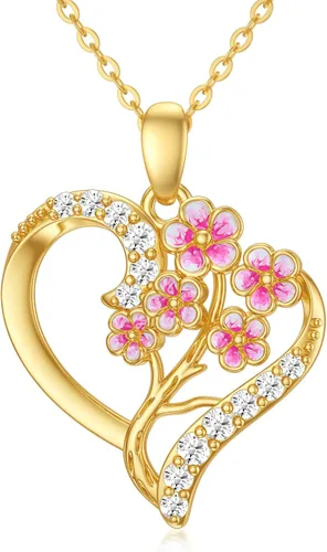 Vista 20 de Collar de flor de nacimiento de oro real de 14 quilates para mujer, oro amarillo creado moissanita con colgante de corazón, collares