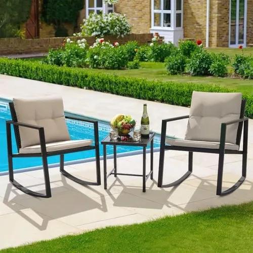 Vista 5 de Juego de 3 sillas mecedoras de patio para exteriores con mesa auxiliar (beige), 23.50 x 28.70 x 35.00 pulgadas (largo x ancho x alto) (T998142)