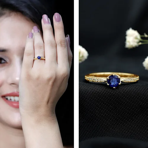 Vista 2 de Anillo de compromiso con solitario mínimo de zafiro azul, redondo de 0.197 in, calidad AAA, joyería inspirada en flores para mujer