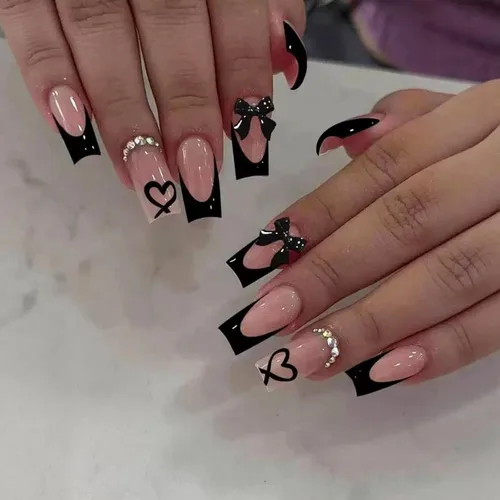 Vista 12 de IMSOHOT Uñas postizas, acrílicas de color naranja mate, puntas francesas cuadradas, 24 unidades, uñas extra largas con pegamento con bonitos diseños