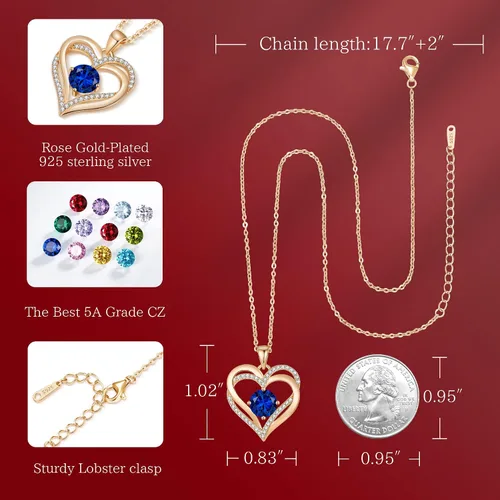 Vista 4 de LOUISA SECRET Love Heart Birthstone Necklaces for Women, 925 Sterling Silver Women Pendant Necklace, Mothers Day Birthday Anniversary Jewelry Gift