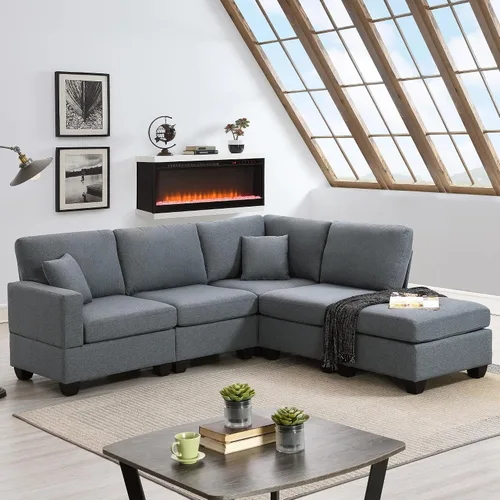 Vista 11 de Quarte Sofá seccional en forma de U, sofá modular con dos asientos individuales, dos sillas, combinación de bricolaje, tela de hilo en bucle Beige/5