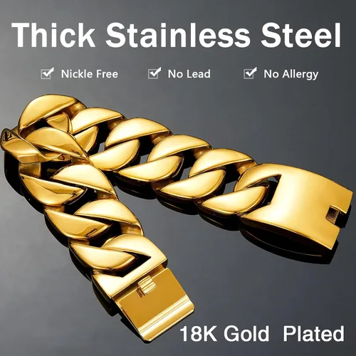 Vista 2 de AYiFFWTEO Collar de Pulsera de Cadena de Oro de 32mm de Ancho, Cadena de Oro Pesada con Caja, Chapado en Oro de 18K, Acero Inoxidable 316L, Cadena