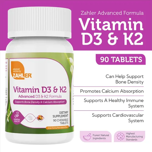 Vista 4 de Zahler - Suplemento masticable de vitamina D3 y K2 (90 unidades) - Certificado Kosher K2 D3 Vitamina 5000 UI Deliciosa tableta masticable - Vitamina