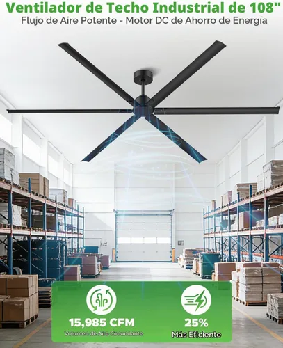 Vista 2 de HVLS Ventilador de techo industrial grande de 108 pulgadas, ventilador de techo comercial grande con control remoto, altura ajustable, motor de CC