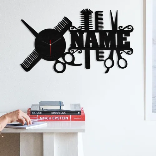 Vista 2 de Reloj de pared personalizado para peluquería, regalo de peluquería, reloj de pared con nombre personalizado, reloj de pared de metal divertido